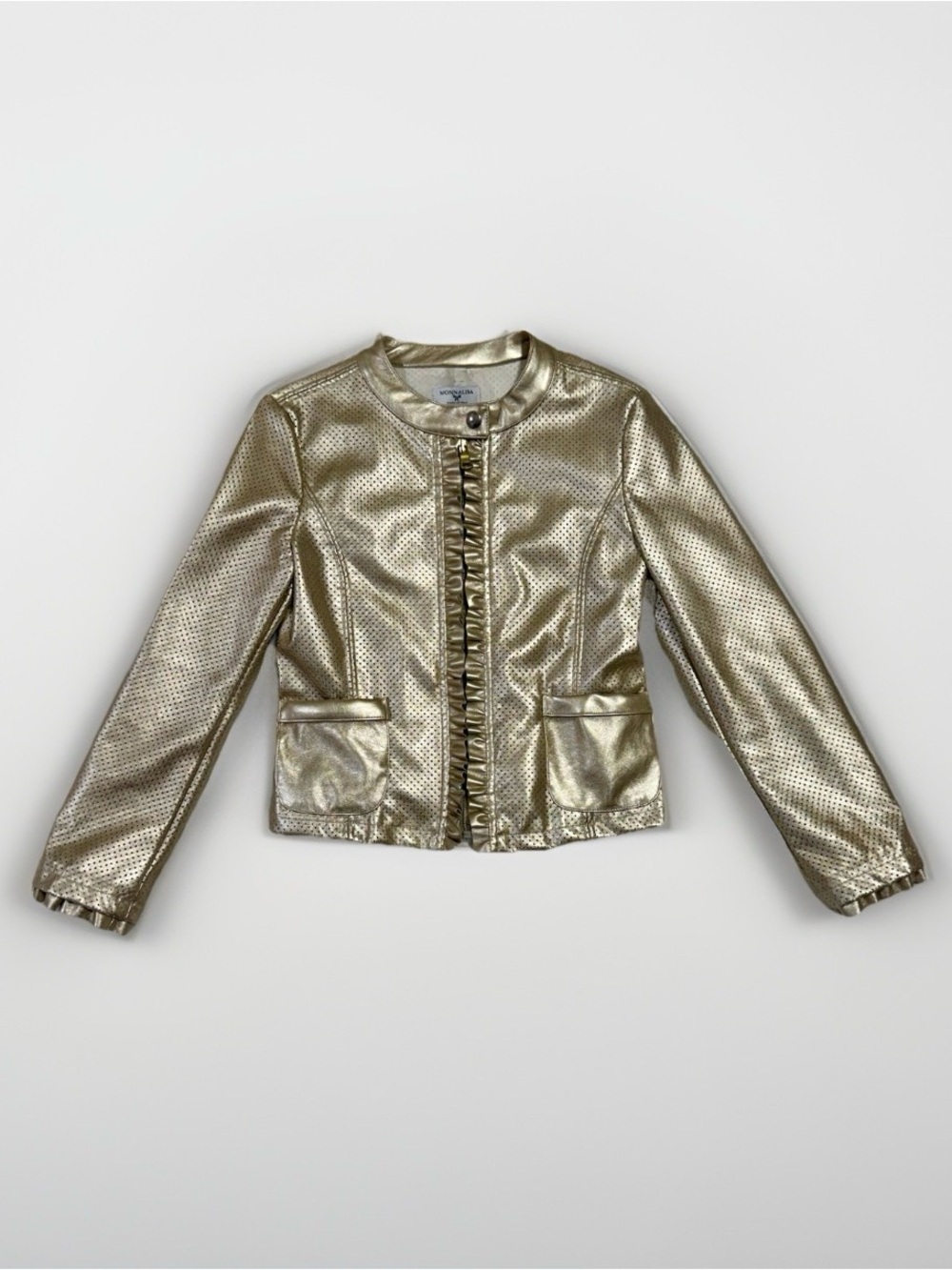 Monnalisa Girls Sz 9 gold faux leather ruffle lining girls jacket Pockets Design